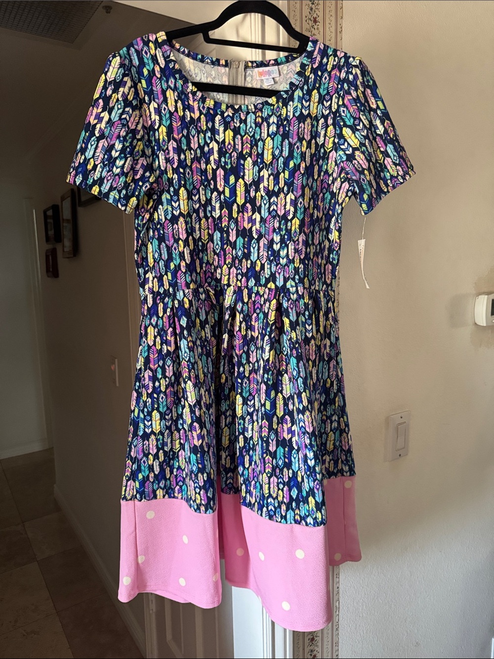 LuLaRoe Navy Multicolor Feather Print Dress with Pink Polka Dot Hem